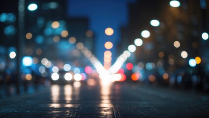 Aufkleber - City street at night with bokeh light effects from street lamps and car headlights creating an abstract and atmospheric background.