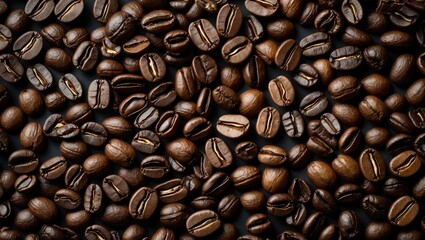 Poster - Roasted Arabica and Robusta coffee beans variety showcasing good and bad grains on black background from top view perspective.