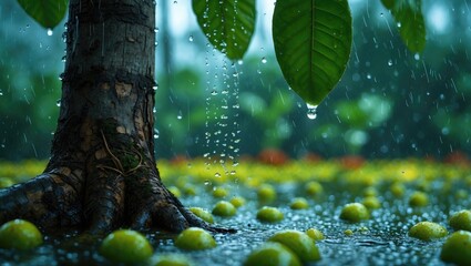 Aufkleber - Close up of vibrant calamansi tree with rain droplets on leaves and fruits creating a beautiful bokeh effect in a lush garden setting