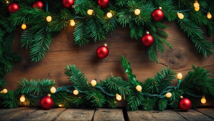 Aufkleber - Christmas decorations featuring fir branches, red ornaments, and warm lights on a rustic wooden background perfect for holiday themes.