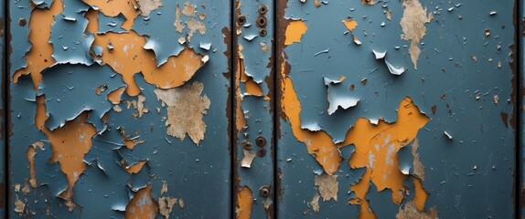 Poster - Peeling paint on a grunge metallic surface revealing layers of color and texture, ideal for backgrounds or industrial design themes.