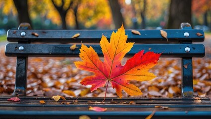 Aufkleber - Colorful autumn leaf resting on a park bench surrounded by fallen leaves creating a warm, seasonal atmosphere in nature.