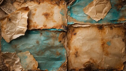 Poster - Weathered grunge textured paper collage with stained recycled elements and natural fibers in a rustic vintage style background.