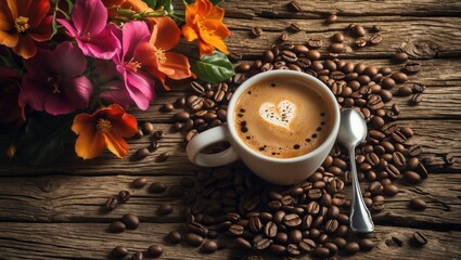 Poster - Coffee cup with heart design surrounded by coffee beans and vibrant flowers on rustic wooden background with selective focus.