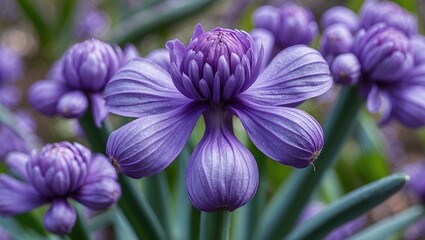 Wall Mural - Close-up of vibrant purple tulbaghia violacea flowers with intricate petal details and green foliage in a natural garden setting.