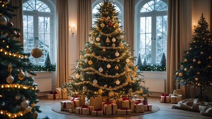 Aufkleber - Festively decorated Christmas tree surrounded by wrapped gifts in a cozy, warmly lit indoor setting with large windows and holiday ambiance.