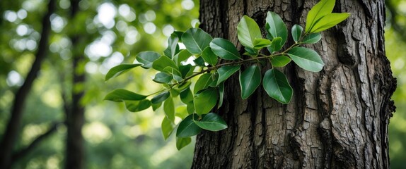 Aufkleber - Closeup of a textured tree trunk adorned with vibrant green leaves against a blurred natural background in a serene forest setting.