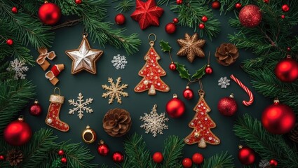 Aufkleber - Christmas holiday decoration composition with festive ornaments pine branches and bright colors arranged on a dark background