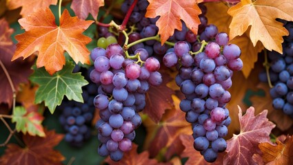 Poster - Vibrant clusters of grapes surrounded by autumn leaves showcasing seasonal colors and natural beauty in a tranquil setting.