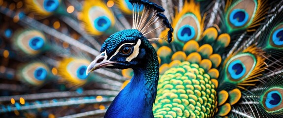 Poster - Vibrant closeup portrait of an Indian peacock showcasing its stunning iridescent feathers and intricate facial features.