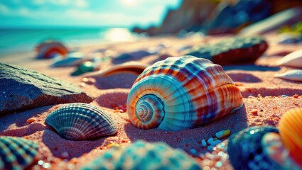Aufkleber - Close up of colorful seashells and smooth rocks scattered on sandy beach with vibrant ocean in the background and warm sunlight shining.