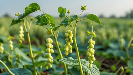 Aufkleber - Gawar phali plant with green pods in a vibrant field showcasing the growth of cyamopsis tetragonoloba during the agricultural season.