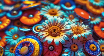 Aufkleber - Vibrant arrangement of colorful coat buttons and Mexican daisies in bright sunlight showcasing unique textures and vivid colors.