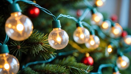 Aufkleber - Close up of festive Christmas lights glowing on a tree showcasing a warm holiday atmosphere and colorful decorations.