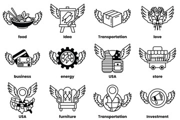 Wall Mural - set of illustrations in the concept of winged business items in line drawing style