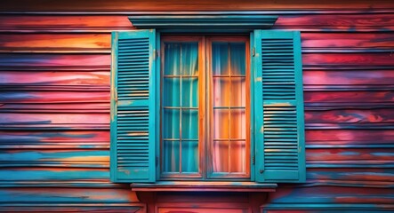 Aufkleber - Vibrant wooden window with closed shutters showcasing colorful painted wall and warm light filtering through the glass panes
