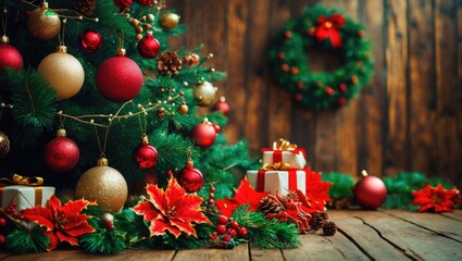 Poster - Festive Christmas decorations featuring a beautifully adorned tree, wreath, and presents on a rustic wooden background.
