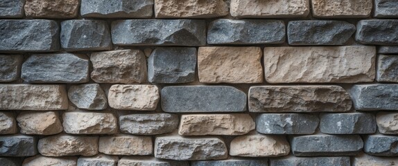 Aufkleber - Textured close up of rustic stone wall featuring light and dark colored stones for architectural and design backgrounds.