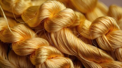 Poster - Close up view of lustrous raw golden silk thread showcasing its natural sheen and texture, ideal for fabric and textile applications.