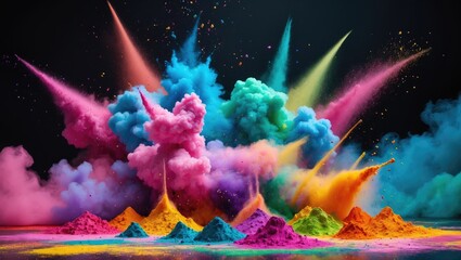 Aufkleber - Dynamic color powder explosion creating a vibrant cloud on a black background showcasing the beauty of Holi and colorful dust effects.