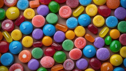 Aufkleber - Vibrant assortment of colorful candies creating a playful and sweet background ideal for desserts or festive themes