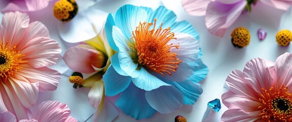 Aufkleber - vibrant arrangement of colorful artificial flowers with blue and pink petals on a soft white background creating a fresh and cheerful atmosphere