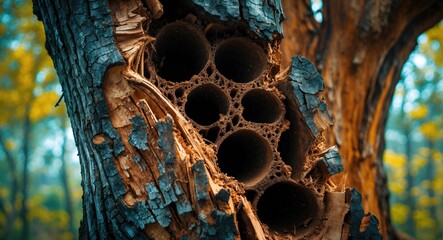 Aufkleber - Close up of intricate texture and structure of termite nests in decaying trunk of an old tree with blurred forest background.