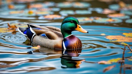 Poster - Vibrant Male Mallard Duck Swimming Gracefully in a Serene Pond Surrounded by Colorful Autumn Leaves