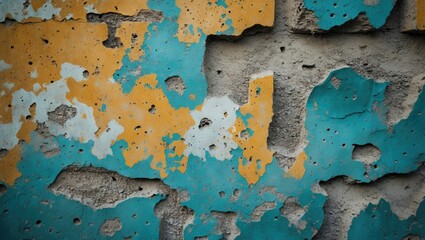 Aufkleber - Weathered concrete wall texture with peeling paint showcasing vibrant blue and orange hues for architectural and design backgrounds.