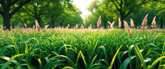 Poster - Lush green grass in a serene park setting with flowering plants and trees creating a tranquil natural ambiance.