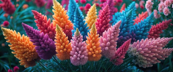Poster - Vibrant display of plumed cockscomb flowers in a colorful garden setting showcasing the beauty of Celosia argentea blossoms in full bloom