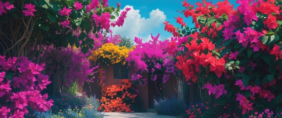Aufkleber - Vibrant Bougainvillea Garden Pathway Surrounded by Blooming Flowers and Lush Greenery Under a Bright Blue Sky