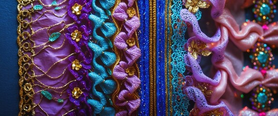 Aufkleber - Colorful textile background featuring intricate lace patterns, metallic embroidery, and decorative elements for design and crafting projects.