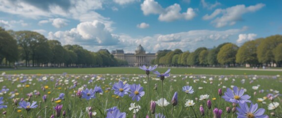 Aufkleber - Vibrant Floral Landscape in a Large Park under Blue Sky with Fluffy Clouds Offering Space for Text and Inviting Natural Atmosphere