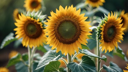 Aufkleber - Vibrant Sunflowers in Bloom Surrounded by Green Leaves Against a Soft Nature Background