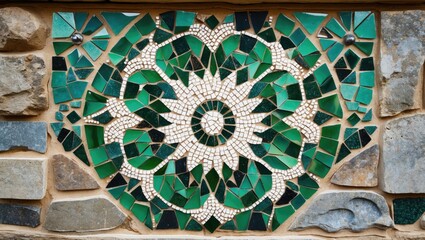 Poster - Intricate green and white mosaic pattern set against a textured stone wall showcasing artistic craftsmanship and decorative design.