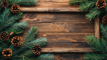 Aufkleber - Rustic Christmas Background with Spruce Branches and Pine Cones Framing Old Wooden Boards for Holiday Decor or Seasonal Greetings