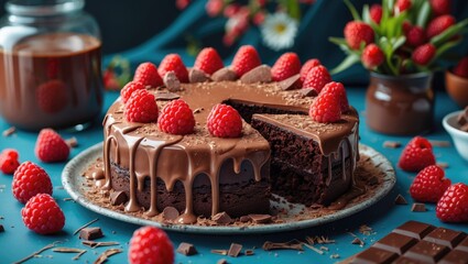 Poster - Decadent chocolate cake garnished with fresh raspberries and rich chocolate drizzle on a vibrant blue background