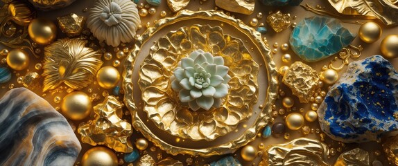 Poster - Luxurious gold stone texture with decorative elements and a succulent centerpiece for elegant backgrounds or design projects.