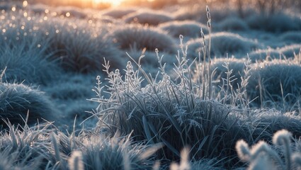 Poster - Frosted grass at sunrise creating an abstract natural background with soft focus and serene winter atmosphere in cool tones.