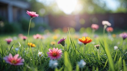 Poster - Colorful wildflowers blooming in a lush green backyard with a soft blurred background creating a serene and peaceful atmosphere.