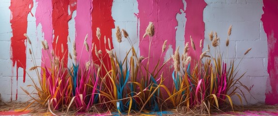 Aufkleber - Colorful dried grass against a vibrant pink and red paint dripped wall creating a striking artistic backdrop for creative designs