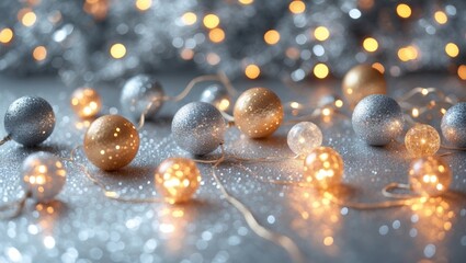 Poster - Vintage glittering lights background with silver and gold ornaments creating a warm, festive atmosphere ideal for holiday-themed designs.