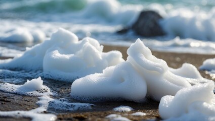 Aufkleber - Soft white sea foam gently lapping against the shore with sunlight reflecting on the water in a serene coastal setting.