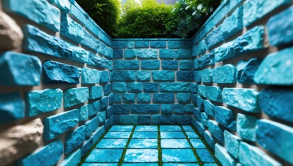 Aufkleber - Aqua blue stone wall cladding with seamless brick pattern, featuring garden landscape and textured ceramic elevation design.