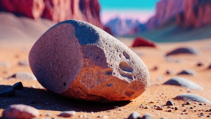 Aufkleber - Closeup of a textured stone on desert landscape with vibrant rock formations in the background under clear blue sky