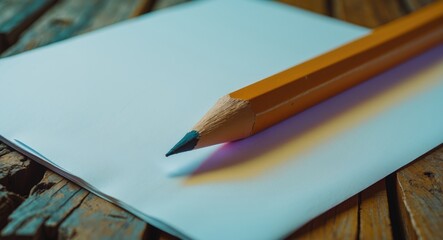 Poster - Close up of yellow pencil resting on blank white paper on rustic wooden table background for creative and educational concepts