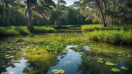 Aufkleber - Serene Swamp Landscape with Lush Greenery and Clear Reflections in Calm Water