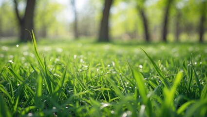 Poster - Vibrant spring grass with shallow depth of field highlighting lush greenery and sunlight filtering through trees in a serene outdoor setting