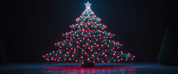 Aufkleber - Illuminated Christmas tree made of LED lights shining brightly against a dark background creating a festive holiday atmosphere
